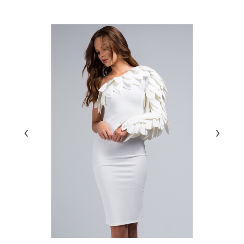 White feathered one shoulder midi dress